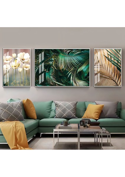 Harikabirev|çiçek-Yaprak ve Dal Kombini Zümrüt Renk |çerçeveli Temperli Cam Tablo 3lü Yatay