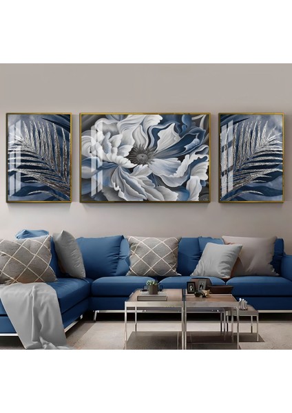 Harikabirev|çiçek Yapraklar Kombini Lacivert-Gümüş|çerçeveli Temperli Cam Tablo 3lü Yatay
