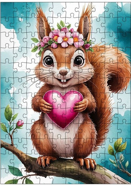 Ahşap Mdf Puzzle Yapboz Kalpli Sincap 120 Parça 25*35 cm