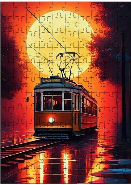 Ahşap Mdf Puzzle Yapboz Gün Batımında Tramvay 120 Parça 25*35 cm