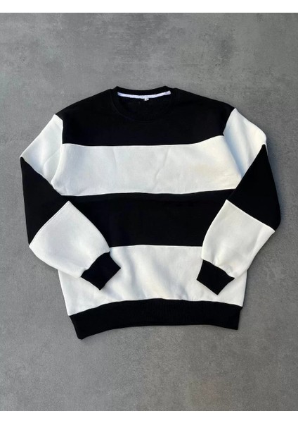 Parçalı Bisiklet Yaka Baskılı Sweatshirt - Siyah