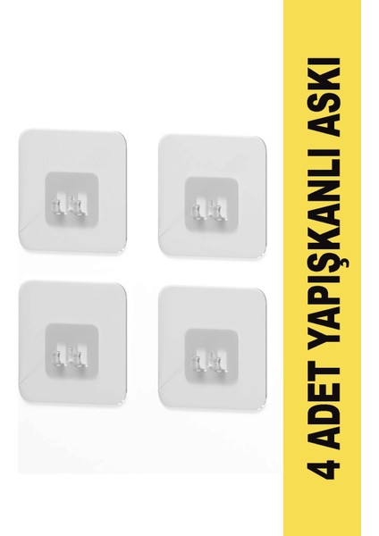 7 x 7 cm Süper Güçlü Yapışkanlı Banyo Askısı Yedek 4 Adet Sticker Raf Tutucu Askı