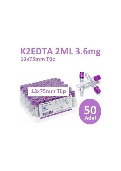50 Adet Kan Alma Tüpü, Mor Kapak, K2E K2EDTA 2ml 3.6mg 13X75MM, Bd Vacutainer