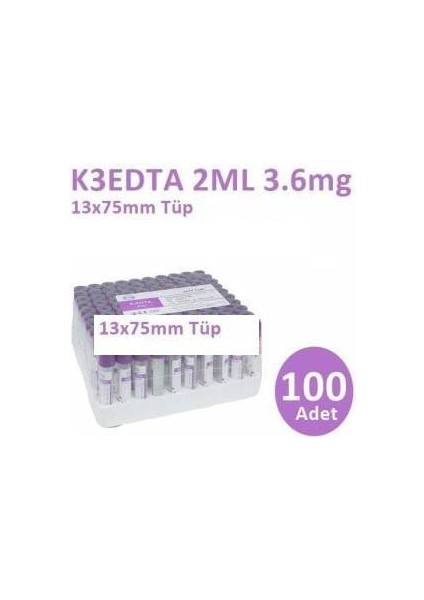 100 Adet Kan Alma Tüpü, Mor Kapak, K3E K3EDTA 2ml 3.6mg 13X75MM, Bd Vacutainer