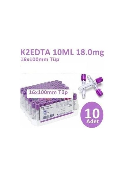 100 Adet Kan Alma Tüpü, Mor Kapak, K2E K2EDTA 10ML 18MG 16X100MM, Bd Vacutainer