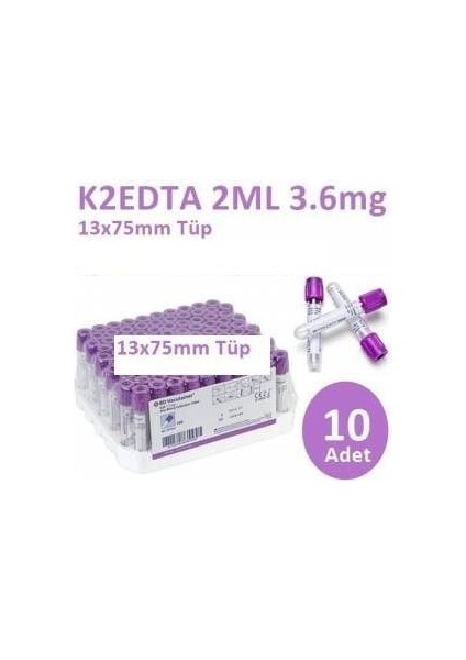 100 Adet Kan Alma Tüpü, Mor Kapak, K2E K2EDTA 2ml 3.6mg 13X75MM, Bd Vacutainer