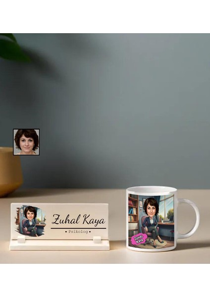 Kişiye Özel Psikolog Temalı Karikatürlü Masaüstü İsimlik ve Kupa Bardak
