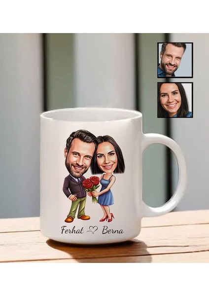 Çiftlere Özel İsimli Karikatür Temalı Kupa Bardak