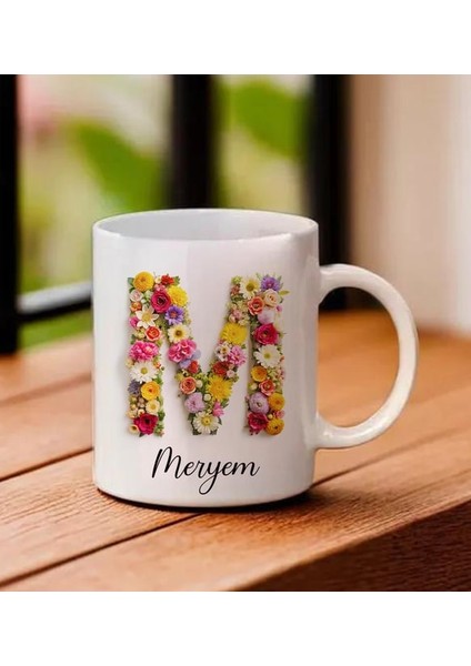 Kişiye Özel İsimli Baş Harf Çiçek Temalı Kupa Bardak