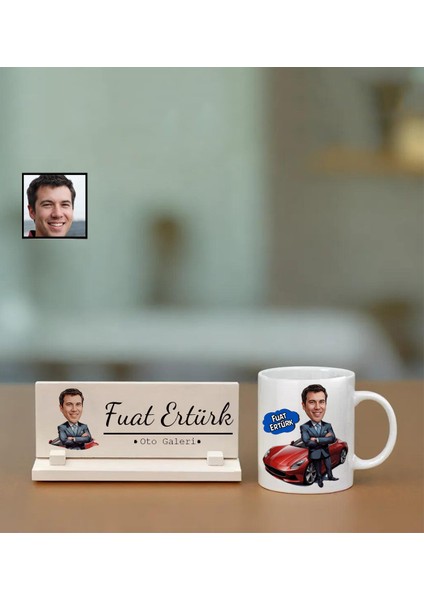 Kişiye Özel Oto Galeri Temalı Karikatürlü Masaüstü İsimlik ve Kupa Bardak