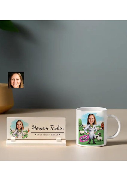 Kişiye Özel Veteriner Hekim Temalı Karikatürlü Masaüstü İsimlik ve Kupa Bardak