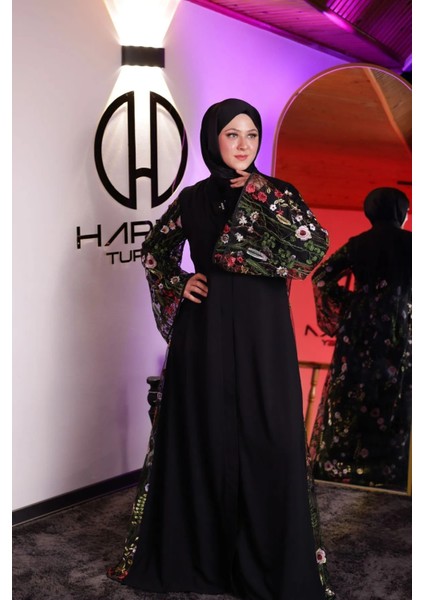 Harika Wear Siyah Çiçekli Abaya Ferace