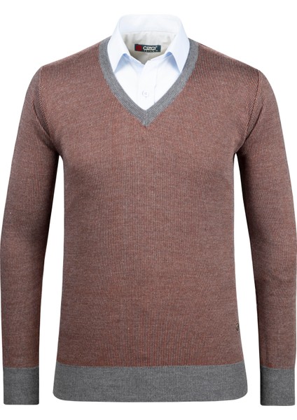 Erkek V Yaka Triko Kazak Desenli Kol ve Bel Lastikli Çelik Örgü Klasik Kalıp - 5015D