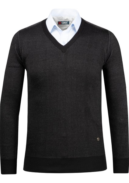 Erkek V Yaka Triko Kazak Desenli Kol ve Bel Lastikli Çelik Örgü Klasik Kalıp - 5015D