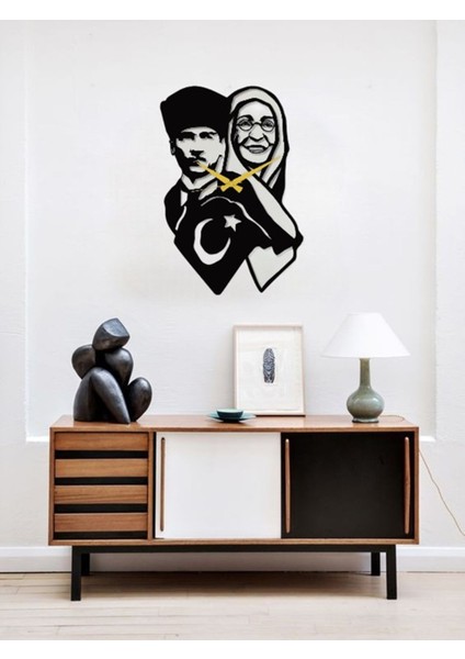 Atatürk ve Annesi Zübeyde Hanım Dekoratif Metal Duvar Saati Siyah 70 x 32 cm