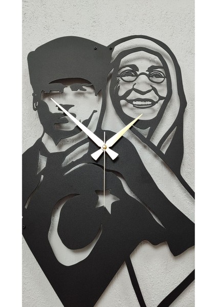Atatürk ve Annesi Zübeyde Hanım Dekoratif Metal Duvar Saati Siyah 70 x 32 cm