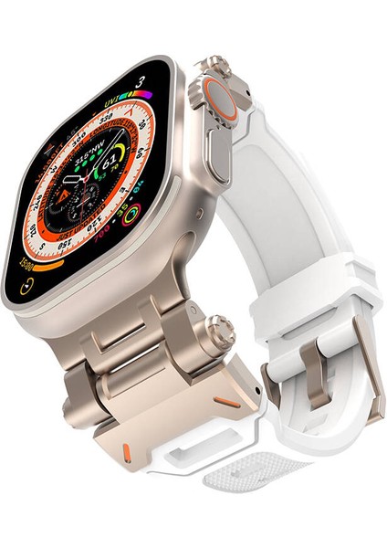 - Apple Watch 44MM - Kordon Metal Başlıklı Silikon Kordon KRD-108 - Starlight White