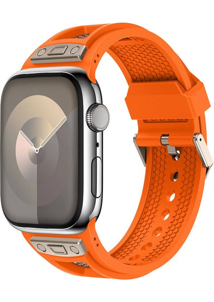 - Apple Watch 44MM - Kordon Hava Alabilen Delikli Metal Süslemeli Desenli Silikon Kordon KRD-117 - Titanyum-Turuncu