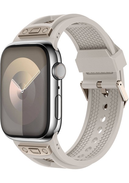 - Apple Watch 44MM - Kordon Hava Alabilen Delikli Metal Süslemeli Desenli Silikon Kordon KRD-117 - Titanyum-Turuncu