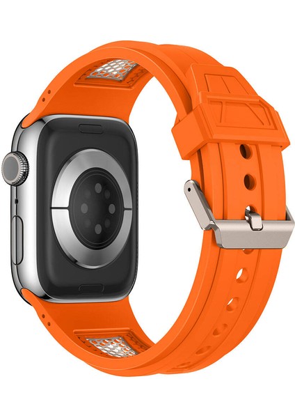 - Apple Watch 44MM - Kordon Hava Alabilen Delikli Metal Süslemeli Desenli Silikon Kordon KRD-117 - Titanyum-Turuncu