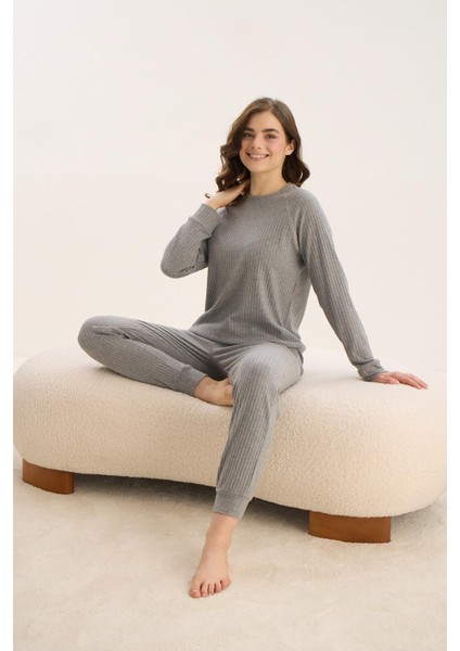 Kadın Uzun Kol Gri Mlelanj Pijama Takım C3T7N0O61