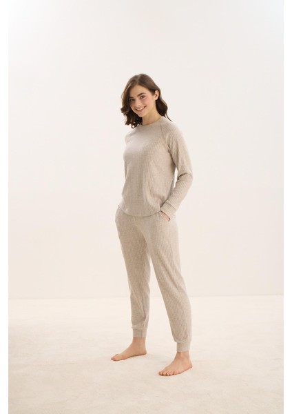 Kadın Uzun Kol Bej Mlelanj Pijama Takım C5T7N0O61