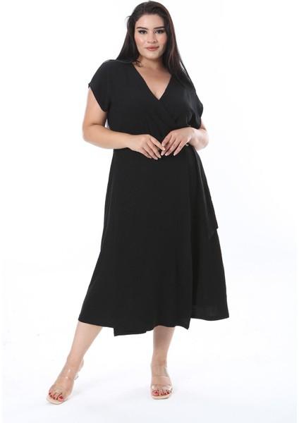 Kadın Büyük Beden Siyah Bürümcük Kumaş Beli Tokalı Anvelop Elbise 65N38314