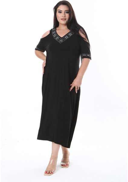 Kadın Büyük Beden Siyah Taş Detaylı Omuz Dekolteli Elbise 65N38315 fiyatları