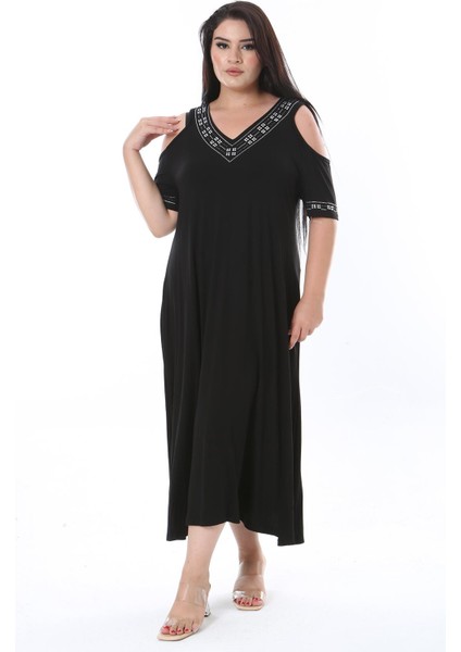 Kadın Büyük Beden Siyah Taş Detaylı Omuz Dekolteli Elbise 65N38315 indirimleri