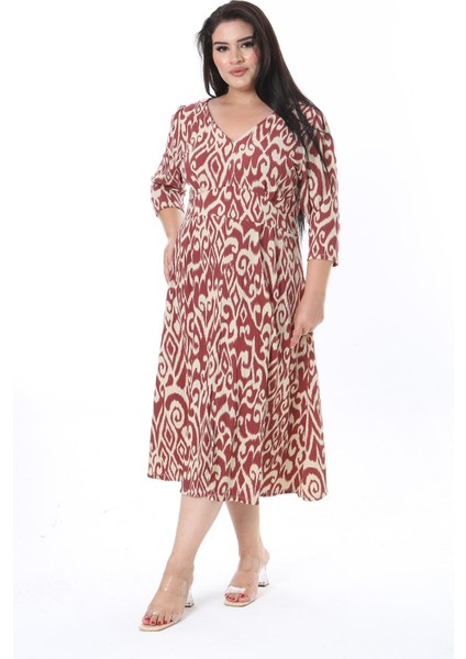 Kadın Büyük Beden Renkli Bürümcük Kumaş V Yakalı Ön Yırtmaçlı Elbise 65N38318