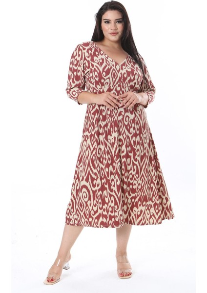 Kadın Büyük Beden Renkli Bürümcük Kumaş V Yakalı Ön Yırtmaçlı Elbise 65N38318