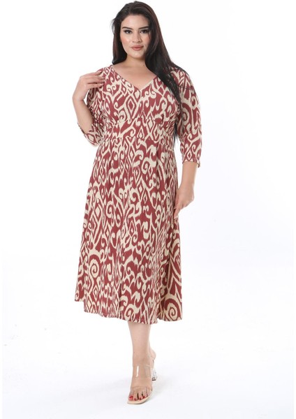 Kadın Büyük Beden Renkli Bürümcük Kumaş V Yakalı Ön Yırtmaçlı Elbise 65N38318