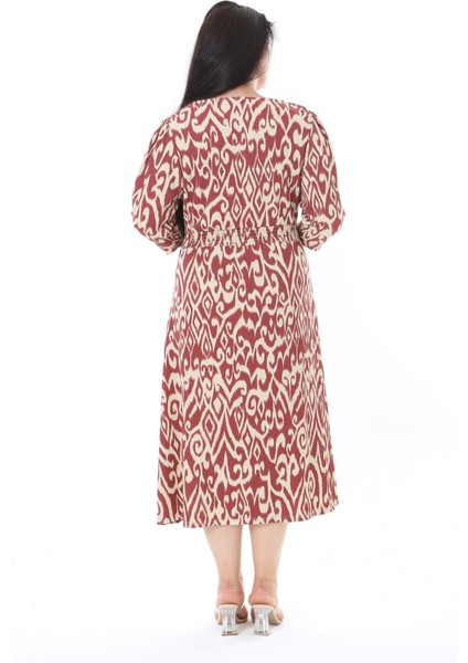 Kadın Büyük Beden Renkli Bürümcük Kumaş V Yakalı Ön Yırtmaçlı Elbise 65N38318