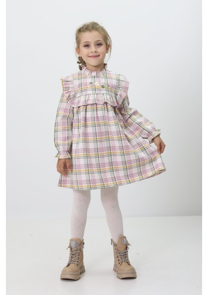 Ekose Çiçek Nakış Detaylı Kız Çocuk elbise - Yeşil