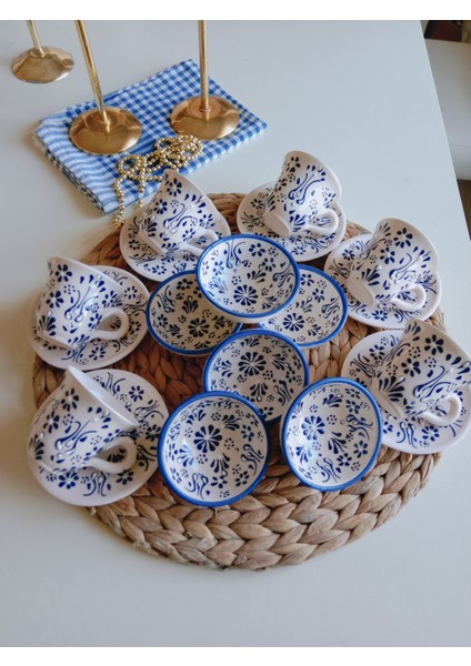 Anneler Günü Özel El İşlemeli Mavi Dantel Desen İşleme 6 Kişilik Kahve Fincan Seti ve 6 lı Lokumluk Kase