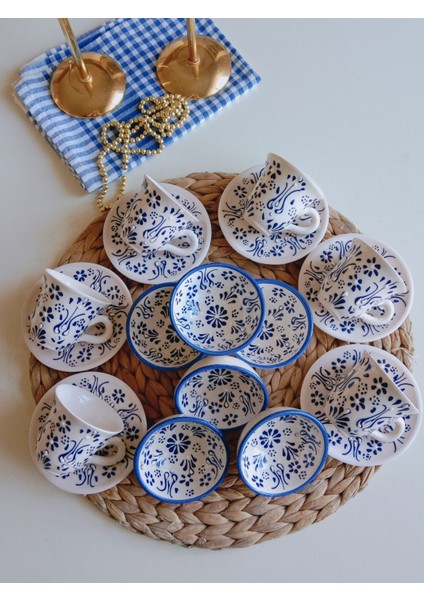 Anneler Günü Özel El İşlemeli Mavi Dantel Desen İşleme 6 Kişilik Kahve Fincan Seti ve 6 lı Lokumluk Kase fiyatları