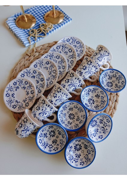 Anneler Günü Özel El İşlemeli Mavi Dantel Desen İşleme 6 Kişilik Kahve Fincan Seti ve 6 lı Lokumluk Kase fırsatları