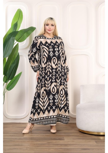 Kadın Büyük Beden Siyah Dokuma Viskon Kumaş Şal Desen Uzun Kollu Elbise 65N38331