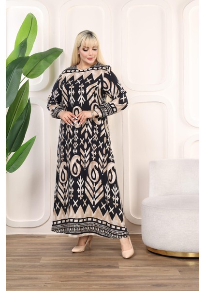Kadın Büyük Beden Siyah Dokuma Viskon Kumaş Şal Desen Uzun Kollu Elbise 65N38331 modelleri