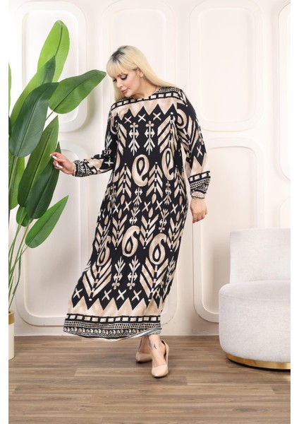 Kadın Büyük Beden Siyah Dokuma Viskon Kumaş Şal Desen Uzun Kollu Elbise 65N38331 fırsatları