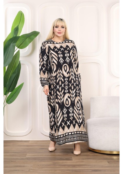 Kadın Büyük Beden Siyah Dokuma Viskon Kumaş Şal Desen Uzun Kollu Elbise 65N38331 indirimleri