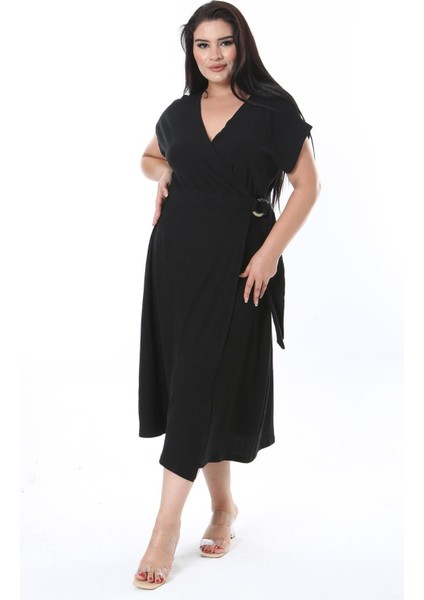 Kadın Büyük Beden Siyah Bürümcük Kumaş Beli Tokalı Anvelop Elbise 65N38314 fiyatları