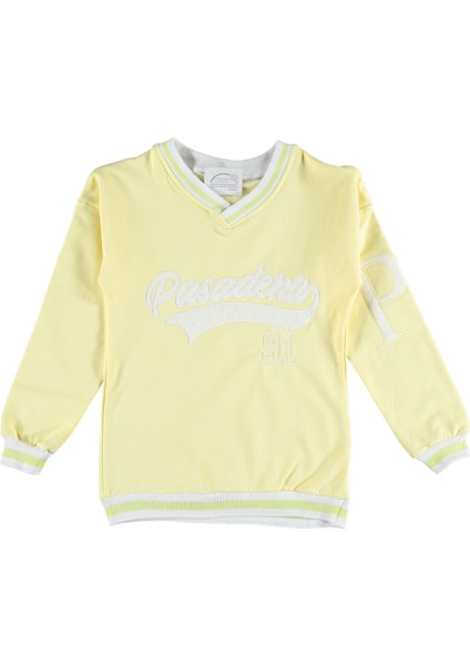 Kız Çocuk Kolej Tarz Pasedan Yazı Desenli V Yaka Sarı Renk Sweatshirt