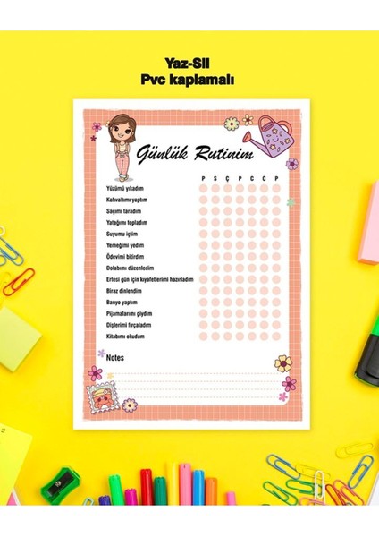 Kız Çocuk Günlük Planlayıcı Yaz-Sil Pvc Poster 21X30 cm