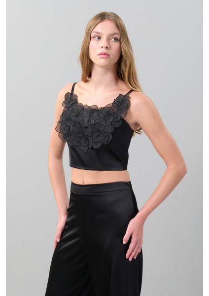 Aplike Çiçek Detayı Ince Askılı Saten Büstiyer Siyah K2514007_001