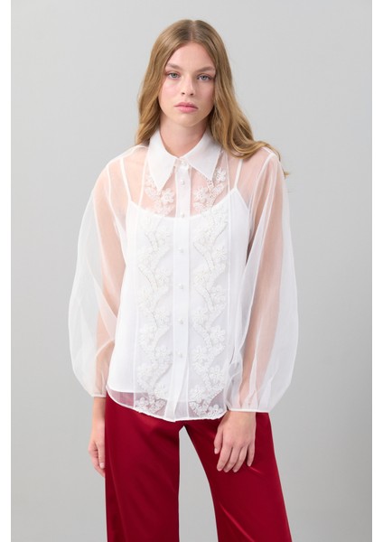 Boncuk Işlemeli Balon Kol Organze Gömlek Beyaz K2513537_002
