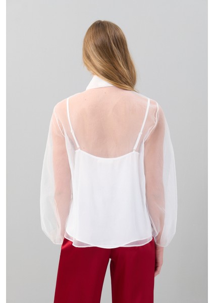 Boncuk Işlemeli Balon Kol Organze Gömlek Beyaz K2513537_002 fiyatları