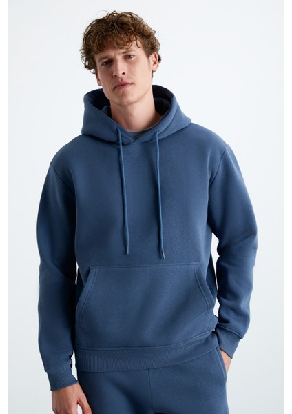 Yokohama Erkek Içi Polarlı Yumuşacık Regular Kanguru Cepli Kapüşonlu Indigo Sweatshirt