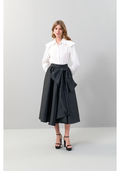 Tafta Fiyonk Detaylı Midi Boy Etek Siyah K2515032_001