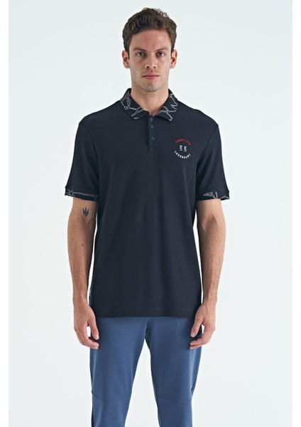 Lacivert Yazı Nakışlı Baskı Detaylı Standart Kalıp Polo Yaka Erkek T-Shirt - 88239